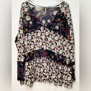 Free People Patchwork Floral Tiered Boho Tunic Top Black Cream Purple XS